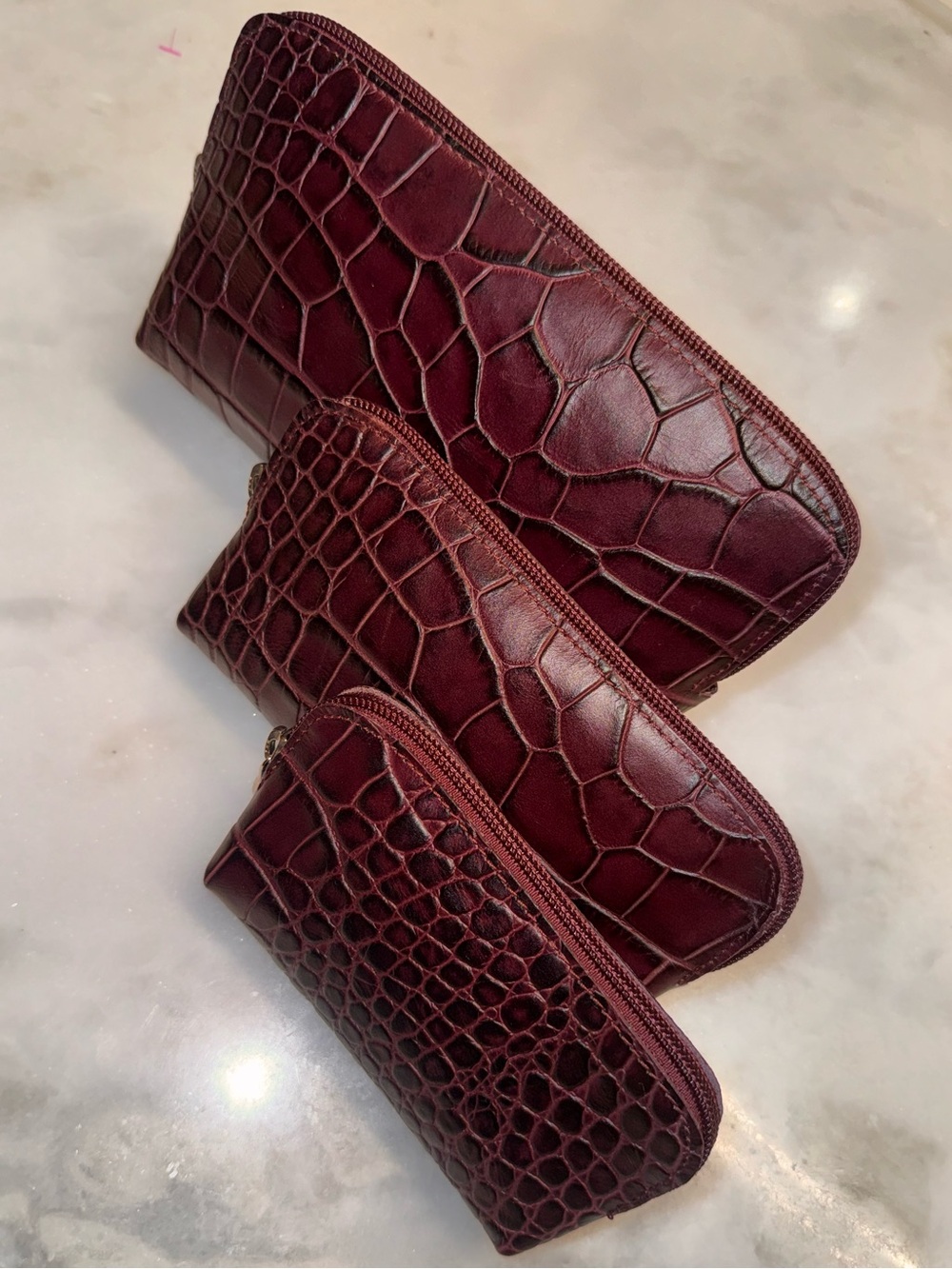 Furla NWOT Oxblood Croc Embossed Leather 3Pc Travel Cosmetic Pouch Set Italy